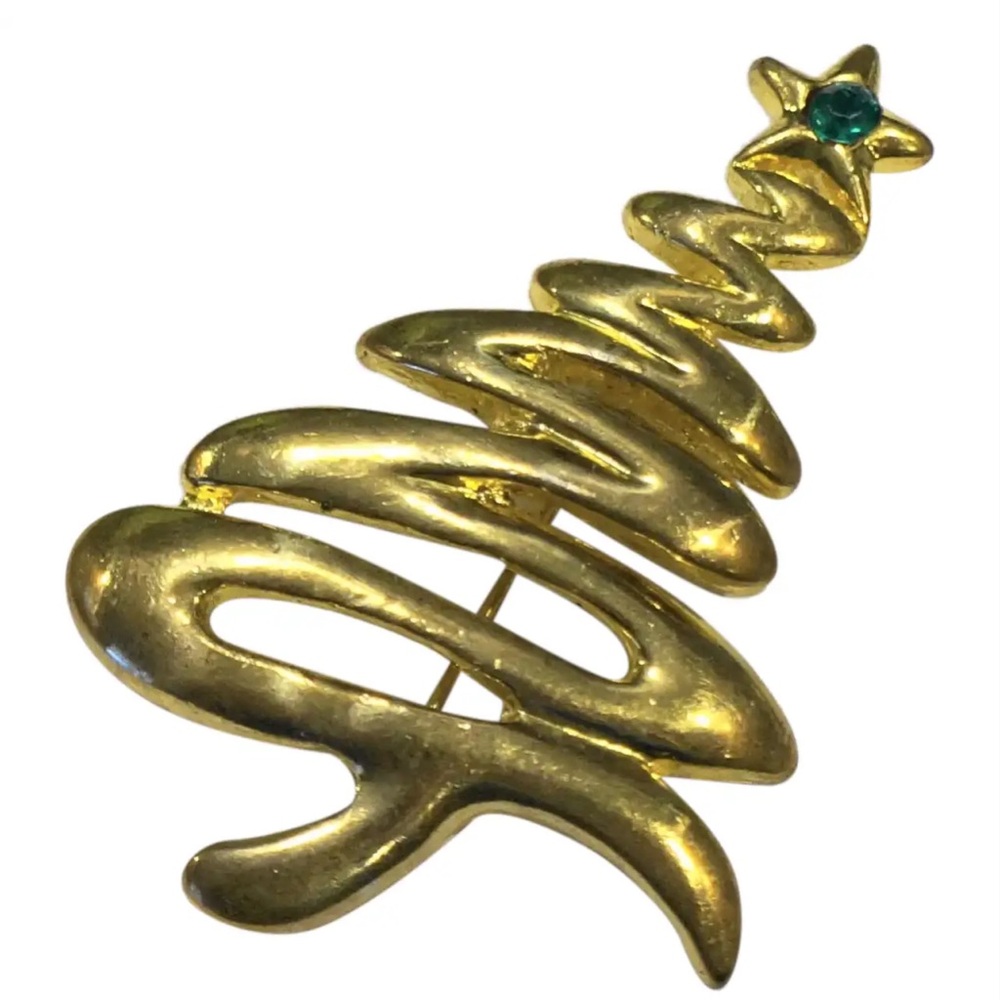 Vintage Christmas Tree Brooch Pin, Gold Tone with Green Rhinestone